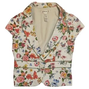 Vintage Cropped Cream Floral Blazer with Green Piping